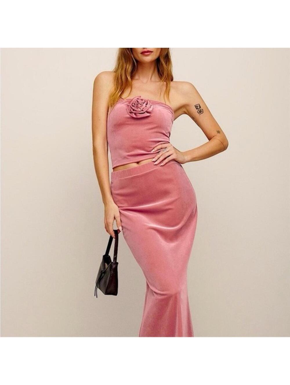 Reformation Strapless Rose-Pink Velvet Two-Piece Dress
